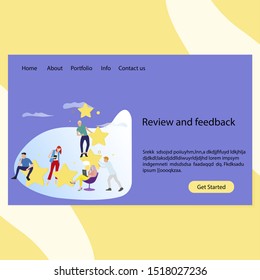 Review and feedback landing page homepage template. Website with ranking and result vote, review stars quality illustration vector