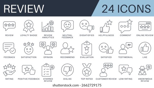 Symbolsatz für Überprüfungs- und Feedbackzeile. Enthält Symbole als Zufriedenheit, Bewertung, Testimonial, Gefällt mir und Abneigung. Bearbeitbare Strichvektorsymbole für UI, UX, Web und mobiles App-Design.