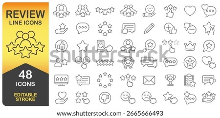Review And Feedback Line Icon Set With 48 Editable Stroke Designs. Thin Line Icons Collection. Includes Ratings, Stars, Comments, Likes, And Customer Satisfaction Symbols. Isolated Vector Illustration