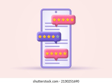 Vérifiez, répondez sur l'écran du téléphone. Smartphone 3d avec étoiles et bulles de chat. Notation, expérience client, concept de satisfaction. Illustration vectorielle.