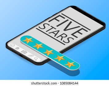 Review ,feedback, rating bubble speech on smartphone display vector isometric illustration