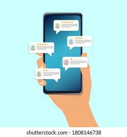 Review, feedback, rating bubble speech on smartphone. Vector illustration