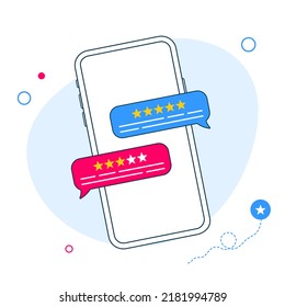 Review, feedback, rating bubble speech on smartphone vector illustration, line mobile phone reviews stars, testimonials messages