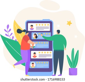 Review feedback vector illustration. Cartoon tiny people reviewing rating online in smartphone or computer app, active people reviewer customer character holding stars icons isolated on white