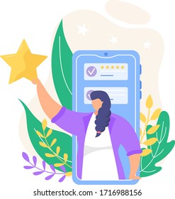 Review feedback vector illustration. Cartoon tiny people reviewing rating online in smartphone or computer app, active people reviewer customer character holding stars icons isolated on white
