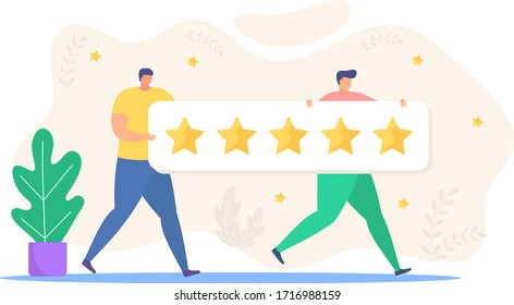 Revise la ilustración vectorial de retroalimentación. Caricatura de diminutas personas revisando la clasificación en línea en smartphone o aplicación de computadora, personas activas revierten el carácter de cliente sosteniendo iconos de estrellas aislados en blanco