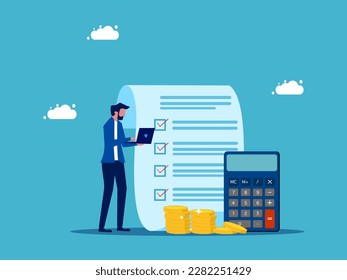 Review financial documents or control overhead costs. Businessman checking documents with laptop