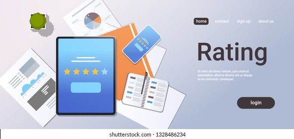 review five star rate feedback rating concept top angle view desktop tablet smartphone screen analysis infographic report office stuff horizontal copy space