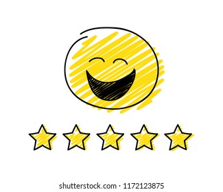 Review - five star rating. Happy yellow coloured stickman. Vector.