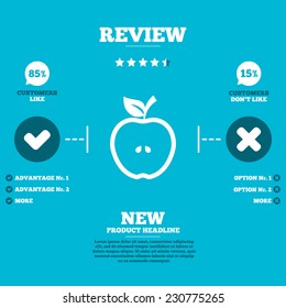 Review with five stars rating. Apple sign icon. Fruit with leaf symbol. Customers like or not. Infographic elements. Vector