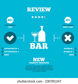Review with five stars rating. Bar or Pub sign icon. Wine bottle and Glass symbol. Alcohol drink symbol. Customers like or not. Infographic elements. Vector