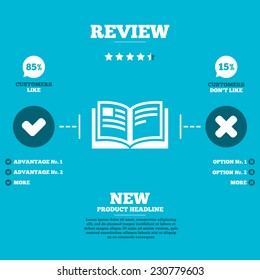 Review with five stars rating. Book sign icon. Open book symbol. Customers like or not. Infographic elements. Vector