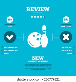 Review With Five Stars Rating. Bowling Game Sign Icon. Ball With Pin Skittle Symbol. Customers Like Or Not. Infographic Elements. Vector