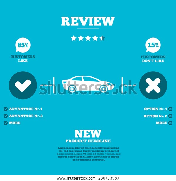 Review with five stars rating. Car sign icon.\
Sedan saloon symbol. Transport. Customers like or not. Infographic\
elements. Vector
