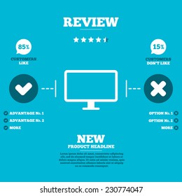 Review with five stars rating. Computer widescreen monitor sign icon. Customers like or not. Infographic elements. Vector