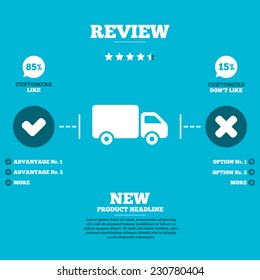Review with five stars rating. Delivery truck sign icon. Cargo van symbol. Customers like or not. Infographic elements. Vector