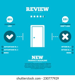 Review with five stars rating. Door sign icon. Enter or exit symbol. Internal door. Customers like or not. Infographic elements. Vector