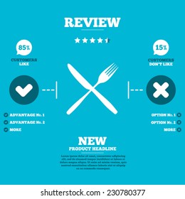 Review with five stars rating. Eat sign icon. Cutlery symbol. Fork and knife crosswise. Customers like or not. Infographic elements. Vector