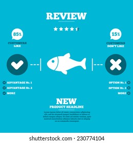 Review with five stars rating. Fish sign icon. Fishing symbol. Customers like or not. Infographic elements. Vector