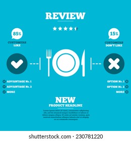 Review with five stars rating. Food sign icon. Cutlery symbol. Knife and fork, dish. Customers like or not. Infographic elements. Vector