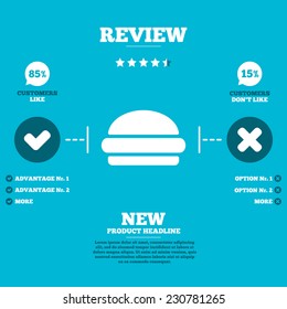 Review with five stars rating. Hamburger sign icon. Fast food symbol. Junk food. Customers like or not. Infographic elements. Vector