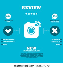 Review with five stars rating. Hipster photo camera sign icon. Retro camera with flash symbol. Customers like or not. Infographic elements. Vector
