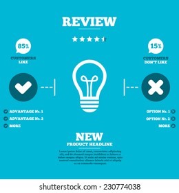 Review with five stars rating. Light lamp sign icon. Idea symbol. Customers like or not. Infographic elements. Vector
