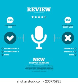 Review with five stars rating. Microphone icon. Speaker symbol. Live music sign. Customers like or not. Infographic elements. Vector