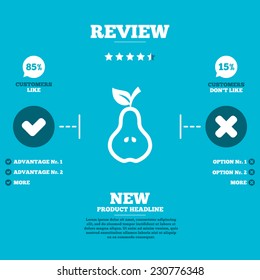 Review with five stars rating. Pear with leaf sign icon. Fruit with seeds symbol. Customers like or not. Infographic elements. Vector