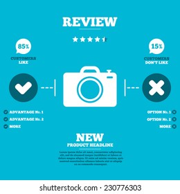 Review with five stars rating. Photo camera sign icon. Digital photo camera symbol. Customers like or not. Infographic elements. Vector