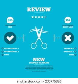 Review with five stars rating. Scissors cut hair sign icon. Hairdresser or barbershop symbol. Customers like or not. Infographic elements. Vector