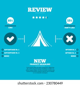 Review with five stars rating. Tourist tent sign icon. Camping symbol. Customers like or not. Infographic elements. Vector
