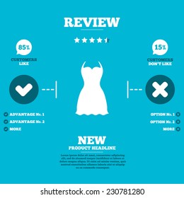 Review with five stars rating. Woman dress sign icon. Elegant clothes symbol. Customers like or not. Infographic elements. Vector