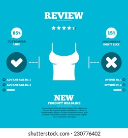 Review with five stars rating. Women T-shirt sign icon. Intimates and sleeps symbol. Customers like or not. Infographic elements. Vector