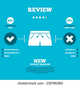 Review with five stars rating. Women's sport shorts sign icon. Clothing symbol. Customers like or not. Infographic elements. Vector