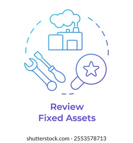 Review fixed assets blue gradient concept icon. Production maintenance, manufacturing. Round shape line illustration. Abstract idea. Graphic design. Easy to use in infographic, presentation