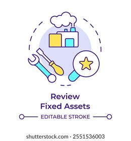 Review fixed assets multi color concept icon. Production maintenance, manufacturing. Round shape line illustration. Abstract idea. Graphic design. Easy to use in infographic, presentation