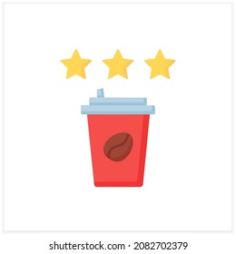 Review flat icon. Positive review on coffee. Three stars for tasty hot drink.Coffee to go concept. Color vector illustration