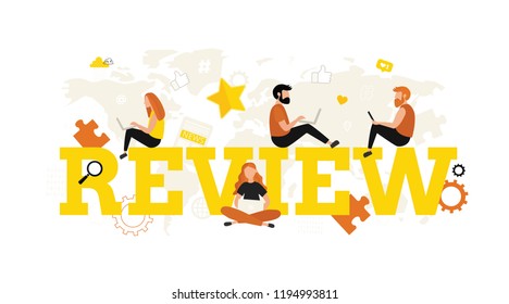 Review. Flat vector illustration for web design with people, world map, lettering, thumbs up, red hearts and rating star icons. Feedback. Rating. 