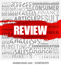 Review - formal assessment of something with the intention of instituting change if necessary, word cloud concept background
