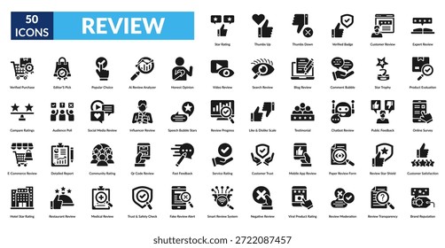 Conjunto de iconos de glifo de revisión. Flujo de trabajo, Flujo de procesos, Gestión de tareas, Estrategia empresarial, Automatización de procesos, Optimización, Toma de decisiones