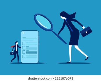 Review history or personal information. Businesswoman boss checking data on employee smartphone