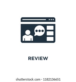 Review icon. Black filled vector illustration. Review symbol on white background. Can be used in web and mobile.