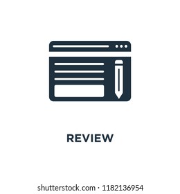 Review icon. Black filled vector illustration. Review symbol on white background. Can be used in web and mobile.