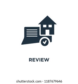 Review icon. Black filled vector illustration. Review symbol on white background. Can be used in web and mobile.