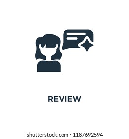 Review icon. Black filled vector illustration. Review symbol on white background. Can be used in web and mobile.