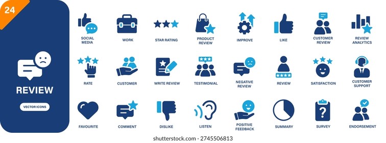 Review icon collection featuring satisfaction, rate, negative review, endorsement and feedback symbols. Solid vector icons.