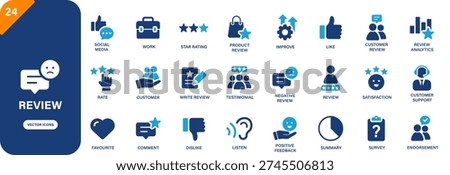 Review icon collection featuring satisfaction, rate, negative review, endorsement and feedback symbols. Solid vector icons.