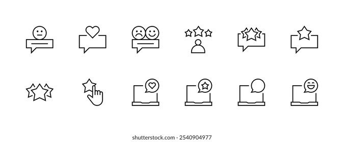 Review icon collection. Survey icon set. Satisfaction, rating, message, testimonial, comment, response and more. Editable stroke. Pixel Perfect. Grid base 32px.