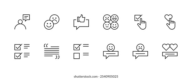 Review icon collection. Survey icon set. Satisfaction, rating, message, testimonial, comment, response and more. Editable stroke. Pixel Perfect. Grid base 32px.
